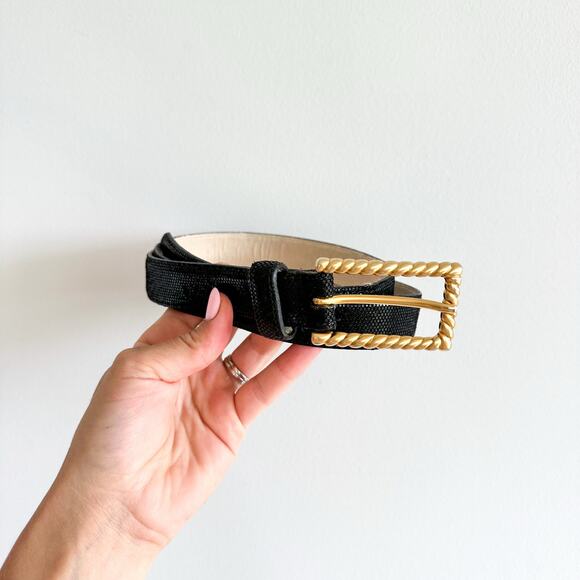 Vintage AVIGNON Gold Buckle Black Genuine Leather Belt L - Picture 1 of 8